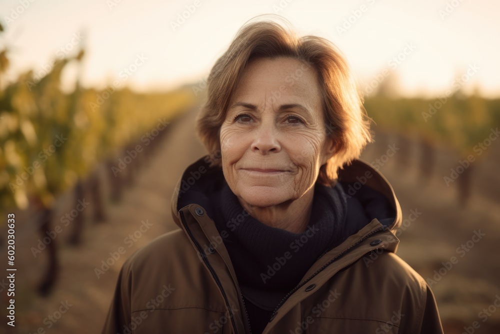 Portrait of a smiling senior woman in a vineyard at sunset