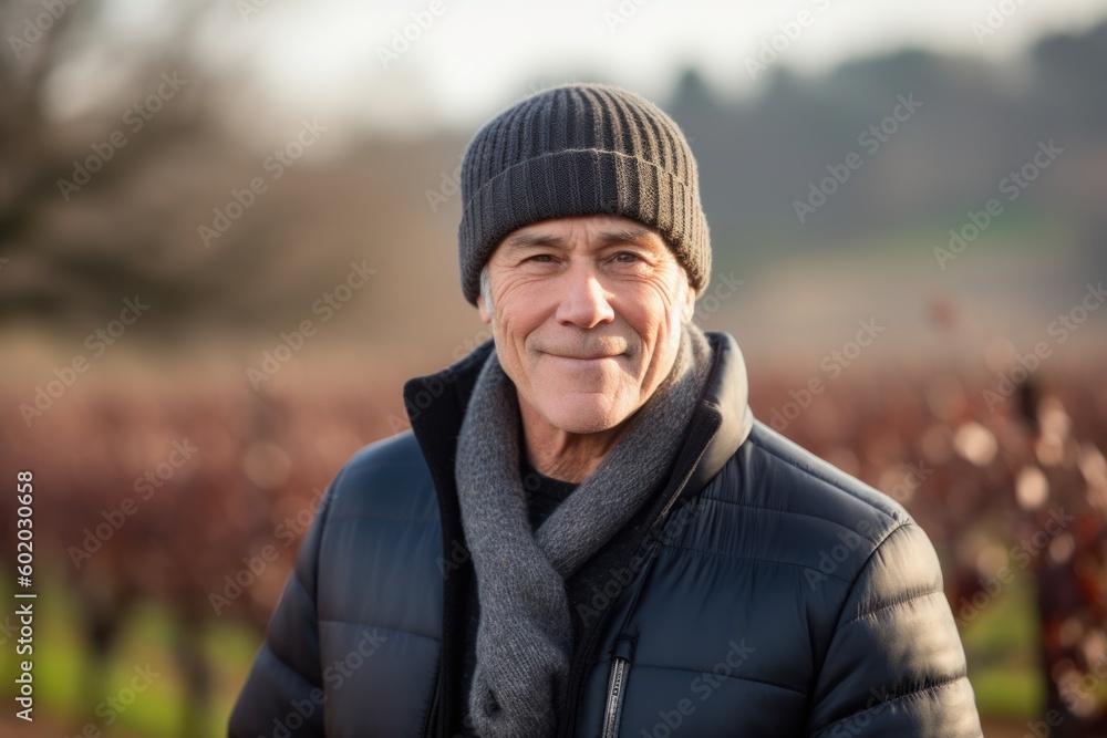 Portrait of a happy senior man standing in vineyard in winter Portrait of a happy senior man standing in vineyard in winter