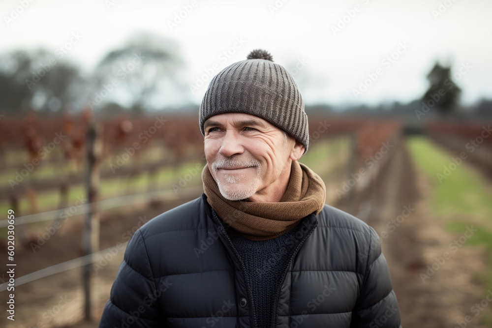 Portrait of a senior man in a winter hat and scarf standing in a farm
