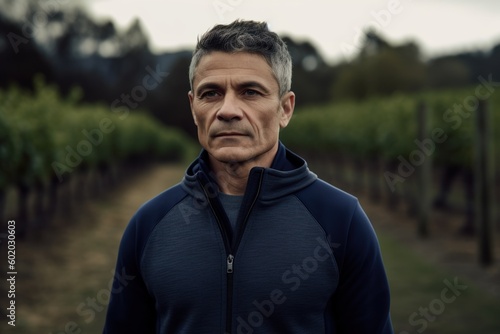 Handsome middle aged man with grey hair in a vineyard.