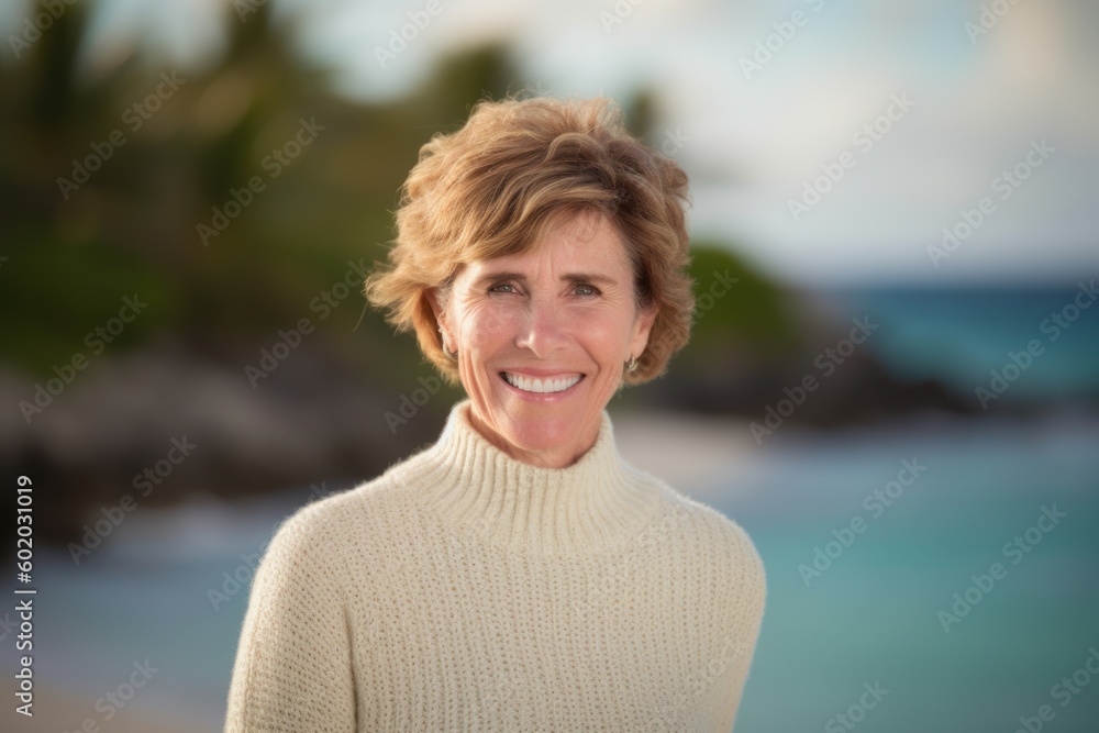 Pet portrait photography of a grinning woman in her 50s wearing a cozy sweater against an island resort or vacation background. Generative AI