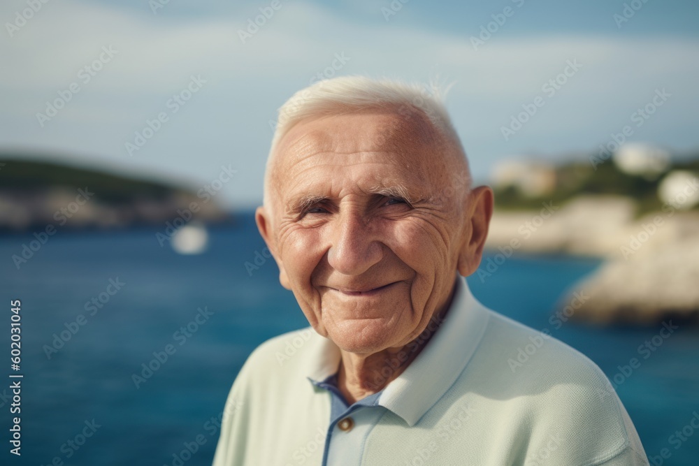 Portrait of happy senior man standing in front of sea and looking at camera Portrait of happy senior man standing in front of sea and looking at camera