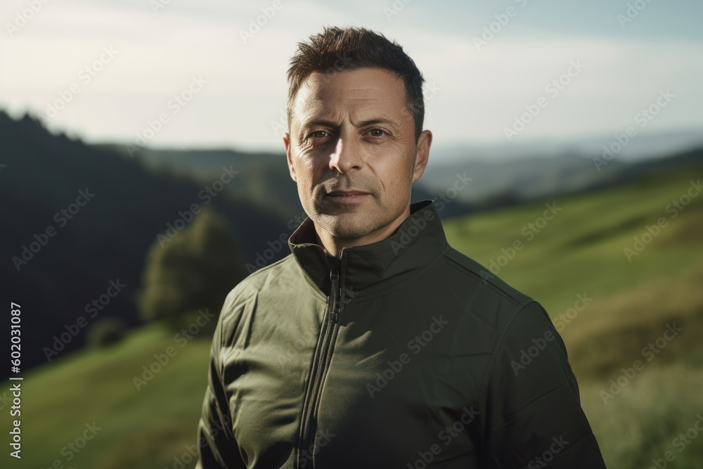 Portrait of a handsome middle-aged man in a green jacket on a background of mountains. Portrait of a handsome middle-aged man in a green jacket on a background of mountains.