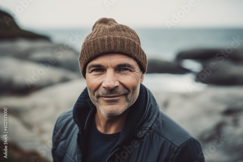 Portrait of a smiling senior man in a warm hat and jacket standing by the sea