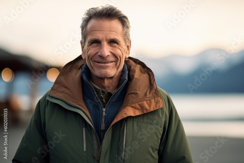 Portrait of smiling senior man in winter jacket at seaside during sunset