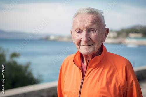 Portrait of a senior man in an orange jacket on the background of the sea