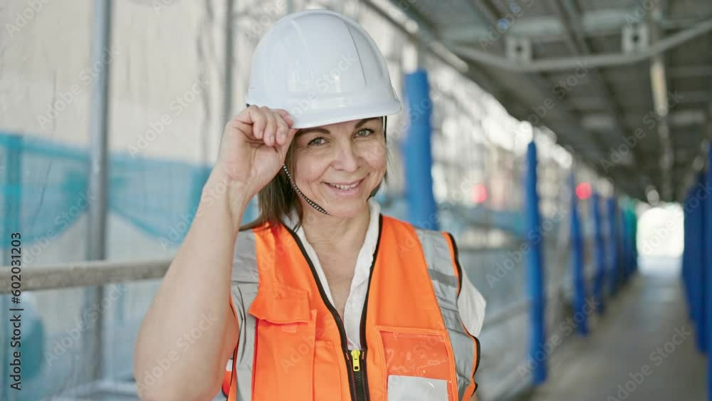 Middle age hispanic woman builder smiling holding helmet at construction place Middle age hispanic woman builder smiling holding helmet at construction place
