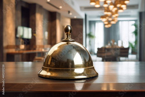 Concierge bell on a hotel reception desk. Generative ai