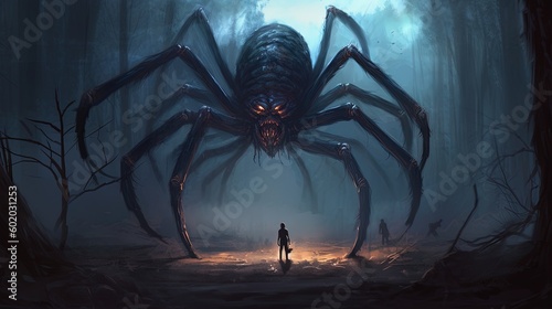 A nightmare scene of a giant spider in the gloomy forest. Fantasy concept   Illustration painting. Generative AI