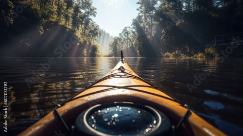 A point of view show of a kayak going down a gentle river.  © Karolis