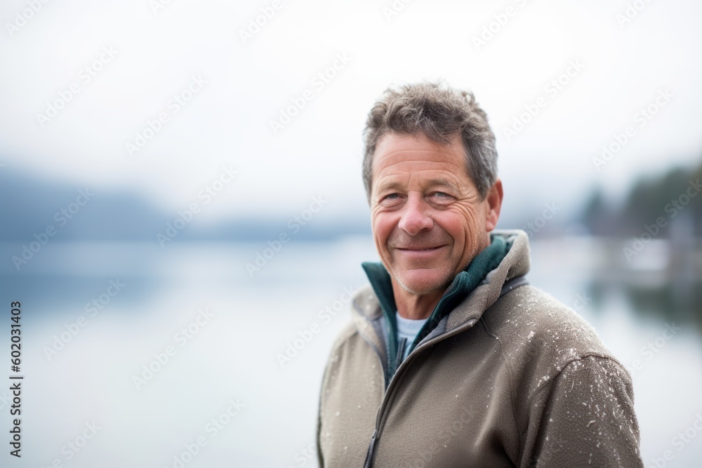 Portrait of happy senior man standing by lake on a cold winter day Portrait of happy senior man standing by lake on a cold winter day