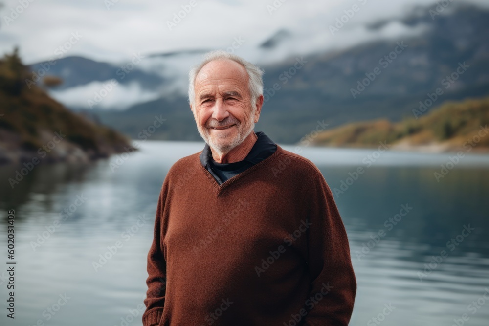 Portrait of a smiling senior man standing by the lake in autumn