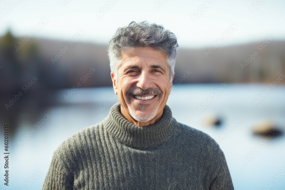 Portrait of smiling middle-aged man standing in front of lake Portrait of smiling middle-aged man standing in front of lake