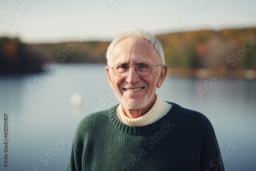 Portrait of a smiling senior man on the background of the lake