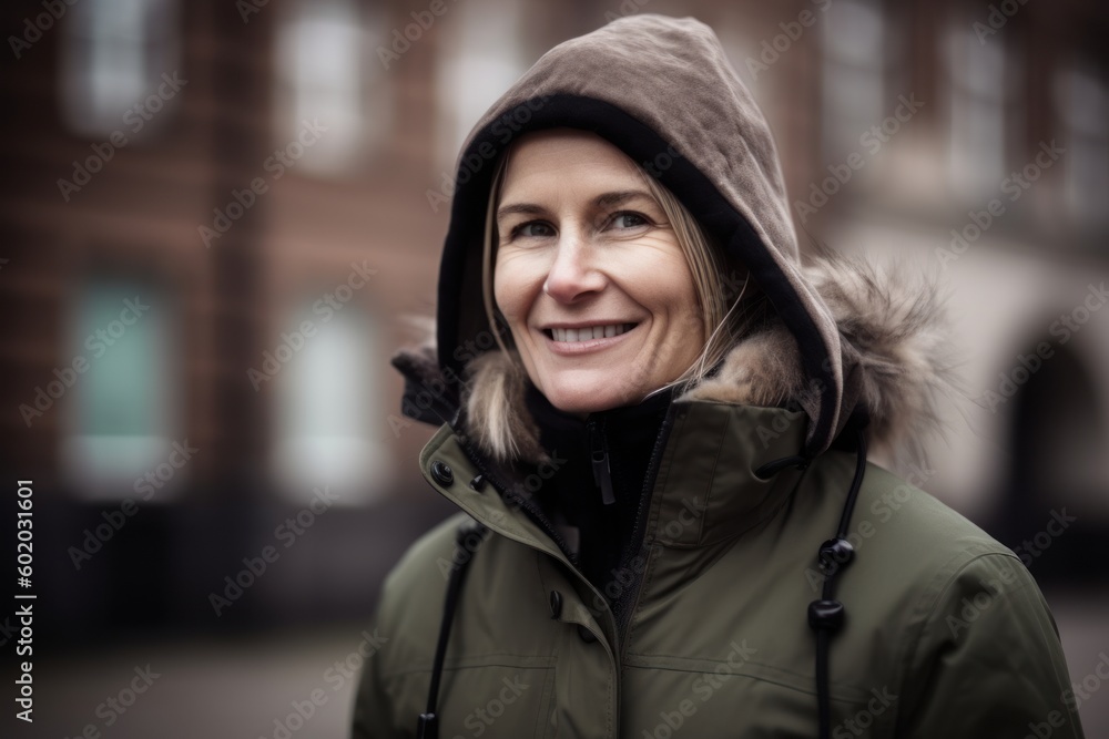 Portrait of a smiling woman in winter jacket looking at the camera Portrait of a smiling woman in winter jacket looking at the camera