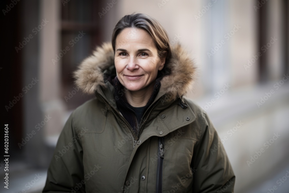 Portrait of a smiling mature woman in winter jacket on a city street Portrait of a smiling mature woman in winter jacket on a city street