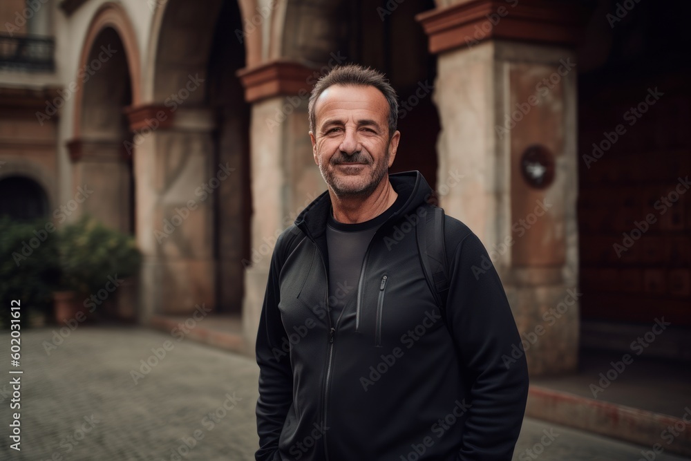 Portrait of a handsome middle-aged man in a black jacket standing in the city. Portrait of a handsome middle-aged man in a black jacket standing in the city.