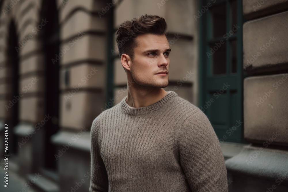 Portrait of a handsome young man in a sweater on the street Portrait of a handsome young man in a sweater on the street
