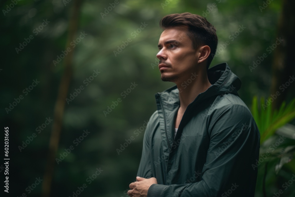 Portrait of a young man in a green raincoat in the forest