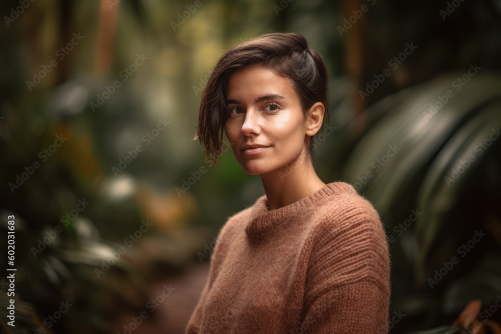 Portrait of a beautiful young woman with short hair in the garden Portrait of a beautiful young woman with short hair in the garden