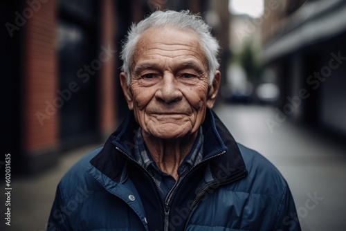 Portrait of an old man in a blue jacket on a city street