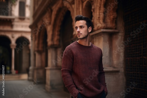 Portrait of a young man in a burgundy sweater in an old city © Robert MEYNER