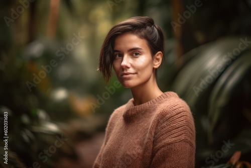 Portrait of a beautiful young woman with short hair in the garden