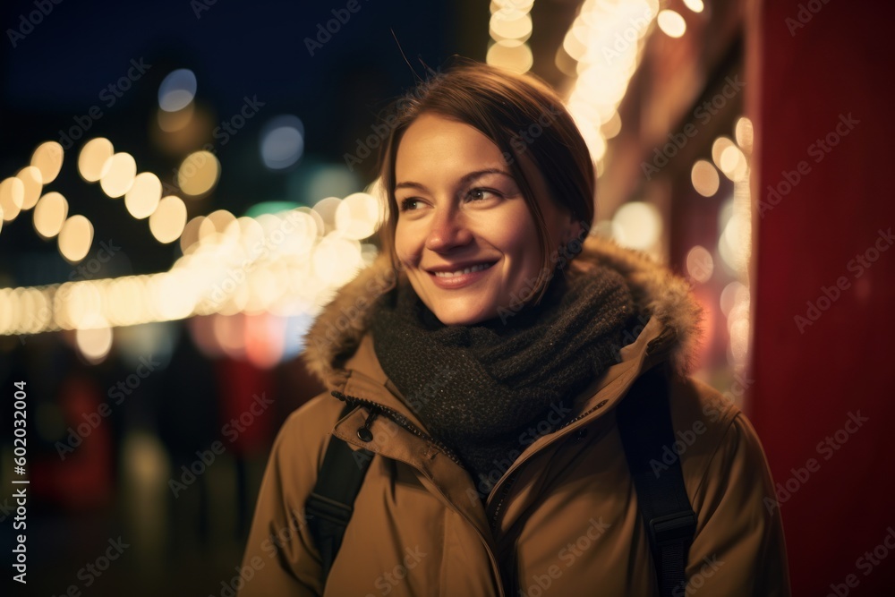 Portrait of a young woman in the city at Christmas time. Portrait of a young woman in the city at Christmas time.
