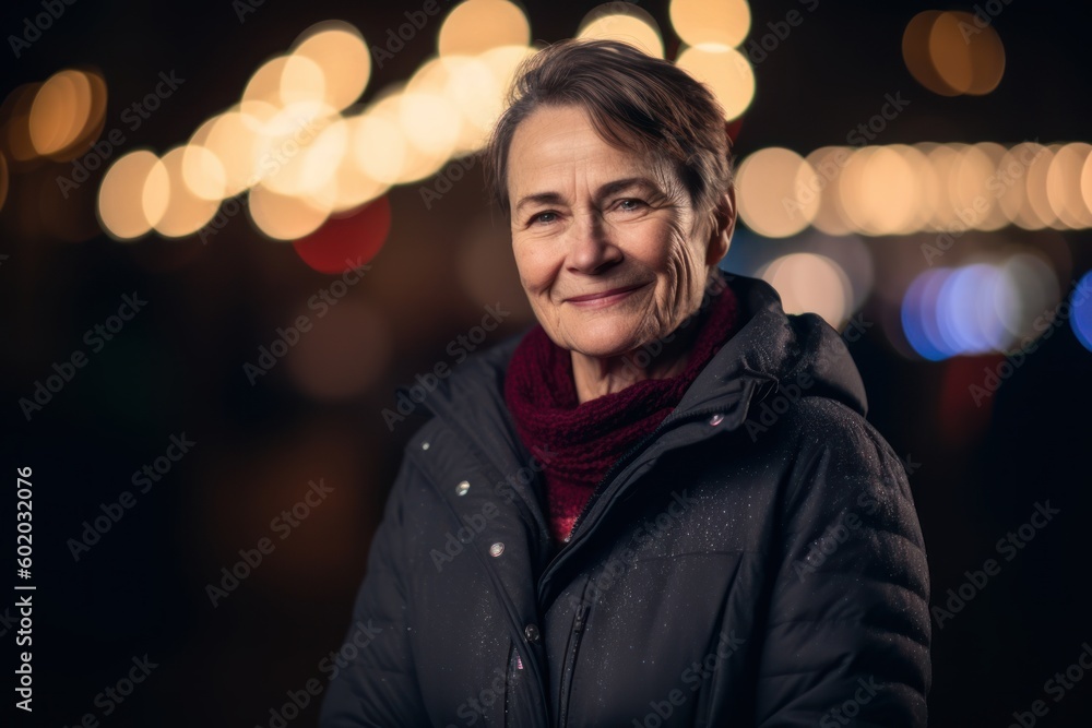 Portrait of a smiling senior woman in the city at night. Portrait of a smiling senior woman in the city at night.