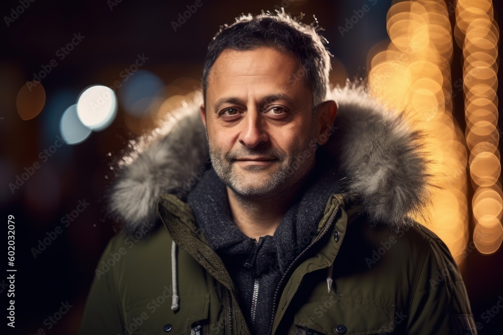 Portrait of a handsome man on the street at night in winter Portrait of a handsome man on the street at night in winter