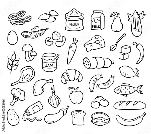 Hand drawn food products icons. Doodle grocery goods for for menu designs and food packaging. Eating vector illustration set