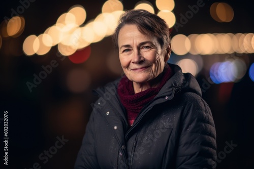 Portrait of a smiling senior woman in the city at night.