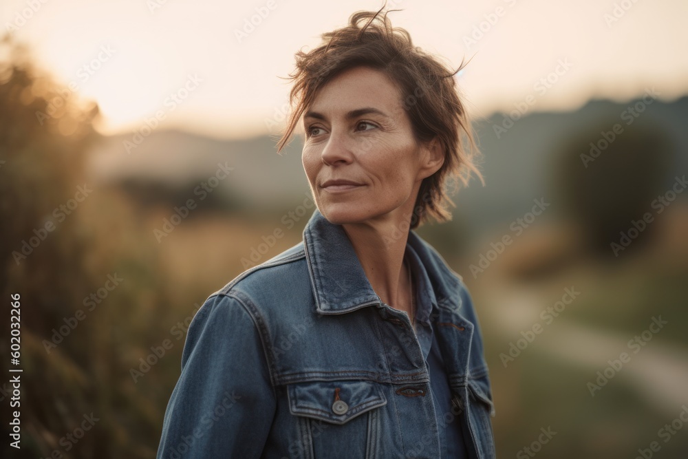 Portrait of a beautiful mature woman in a denim jacket in the countryside Portrait of a beautiful mature woman in a denim jacket in the countryside