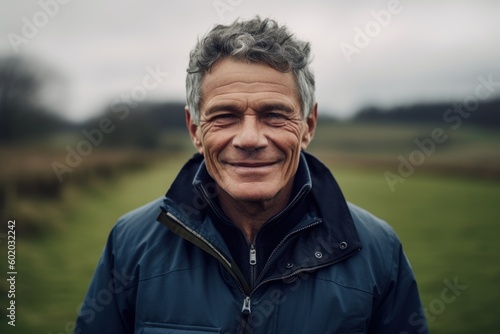 Portrait of a smiling senior man standing in a field on a cloudy day