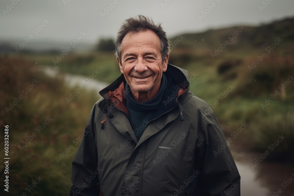 Handsome middle-aged man in a raincoat smiling in the countryside Handsome middle-aged man in a raincoat smiling in the countryside