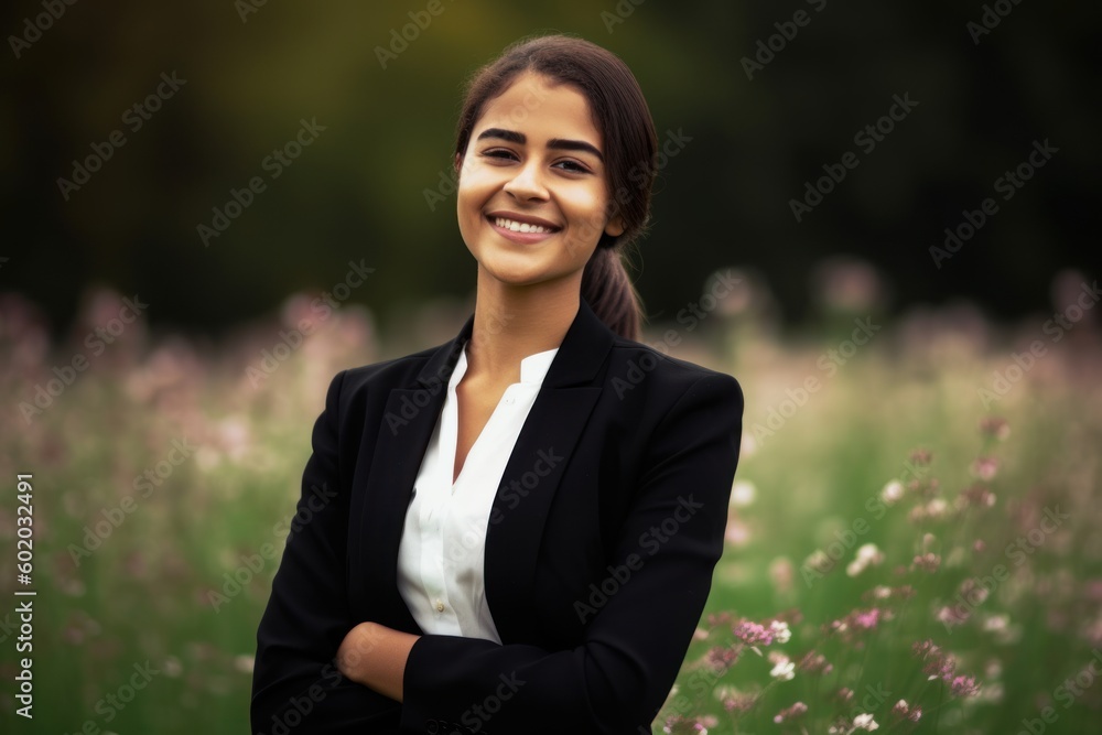 Portrait of a young business woman standing in a field of flowers Portrait of a young business woman standing in a field of flowers