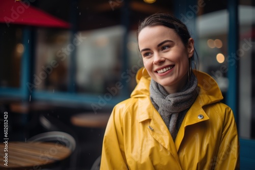 Portrait of a smiling young woman in a yellow raincoat and scarf standing in a cafe.