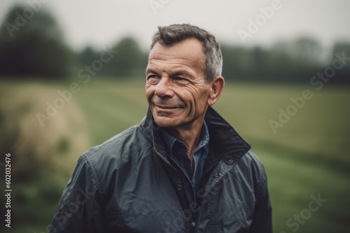 Portrait of a smiling senior man standing outside in the countryside.