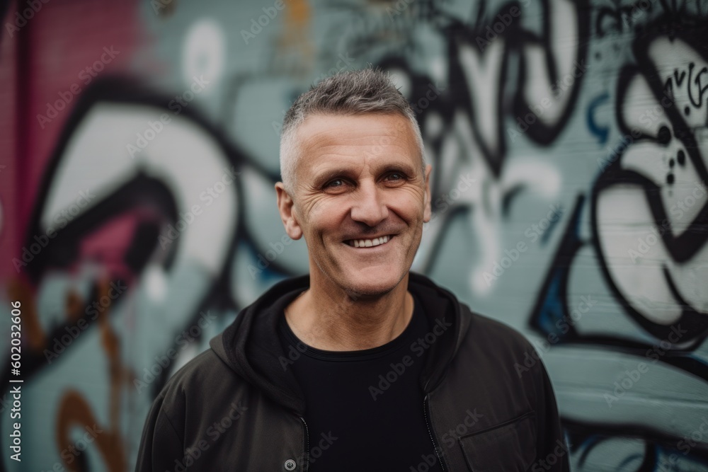 Portrait of smiling middle-aged man standing against graffiti wall. Portrait of smiling middle-aged man standing against graffiti wall.