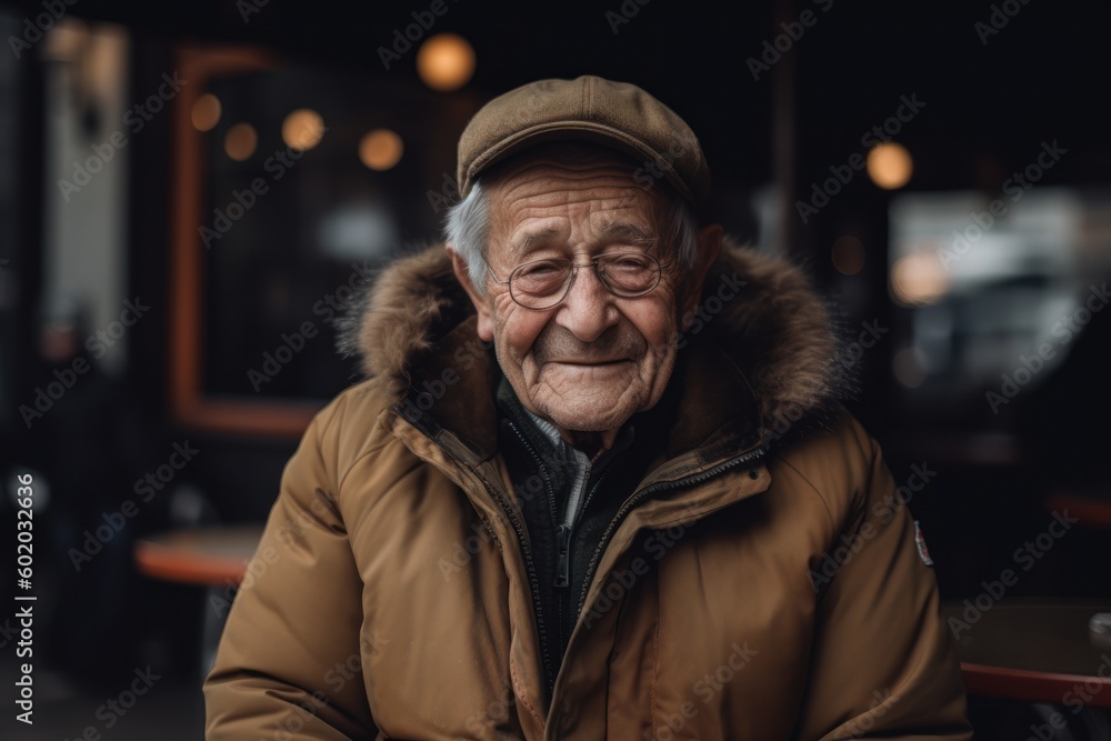 Portrait of an elderly man sitting in a cafe in the city.