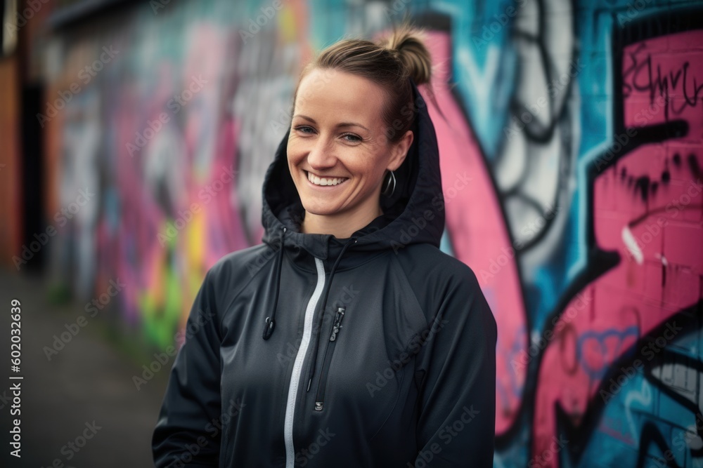 Portrait of a happy young woman wearing hoodie standing against graffiti wall. Portrait of a happy young woman wearing hoodie standing against graffiti wall.