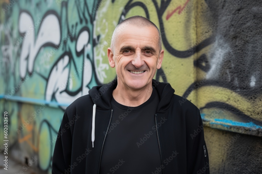 Portrait of a smiling bald man in a black sweatshirt on a background of graffiti