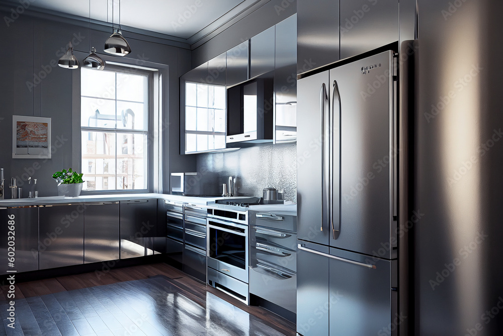 A futuristic kitchen interior, with modular and customizable design elements, in a bold and vibrant color scheme, with a dynamic and energetic atmosphere, generative ai A futuristic kitchen interior, with modular and customizable design elements, in a bold and vibrant color scheme, with a dynamic and energetic atmosphere, generative ai