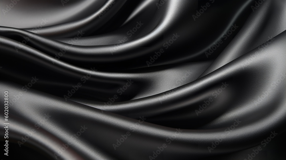 Black silk satin fabric texture background with sweeping ripples and folds. A.I. generated. Black silk satin fabric texture background with sweeping ripples and folds. A.I. generated.