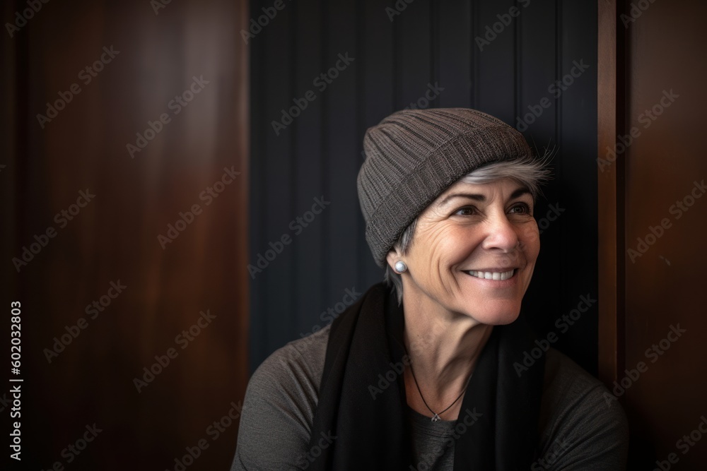 Portrait of a smiling middle-aged woman in a knitted cap Portrait of a smiling middle-aged woman in a knitted cap