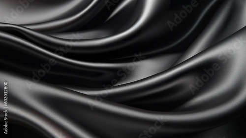 Black silk satin fabric texture background with sweeping ripples and folds. A.I. generated.