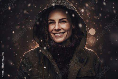 Portrait of a beautiful young woman in a winter coat, smiling and looking at the camera.