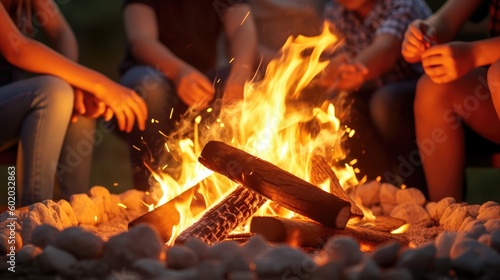 A close-up of a family sitting around a bonfire. 