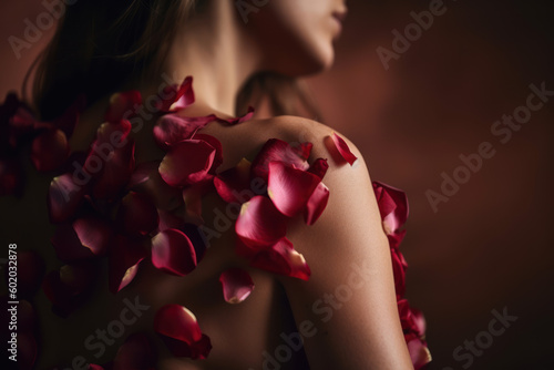Red petals grew on the shoulder of a beautiful young woman. Concept for beauty product presentation. Photorealistic illustration generative AI.
