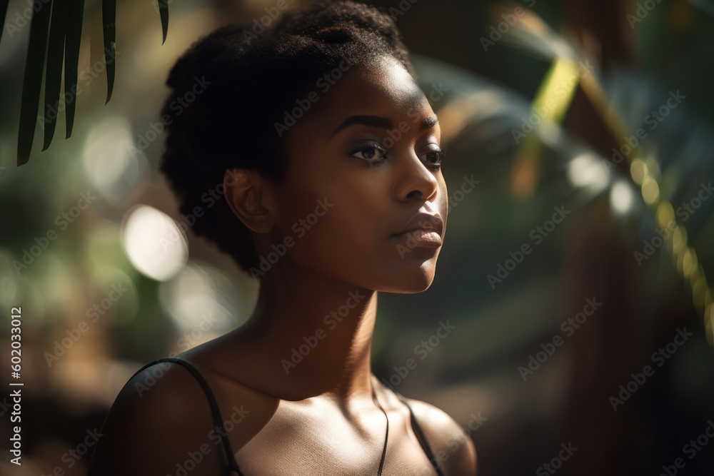 Beautiful auro-american young woman in the rainforest. Background for cosmetic product presentation with copy space. Photorealistic illustration generative AI.